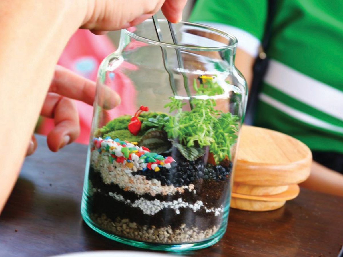 close-up of kids building terrarium