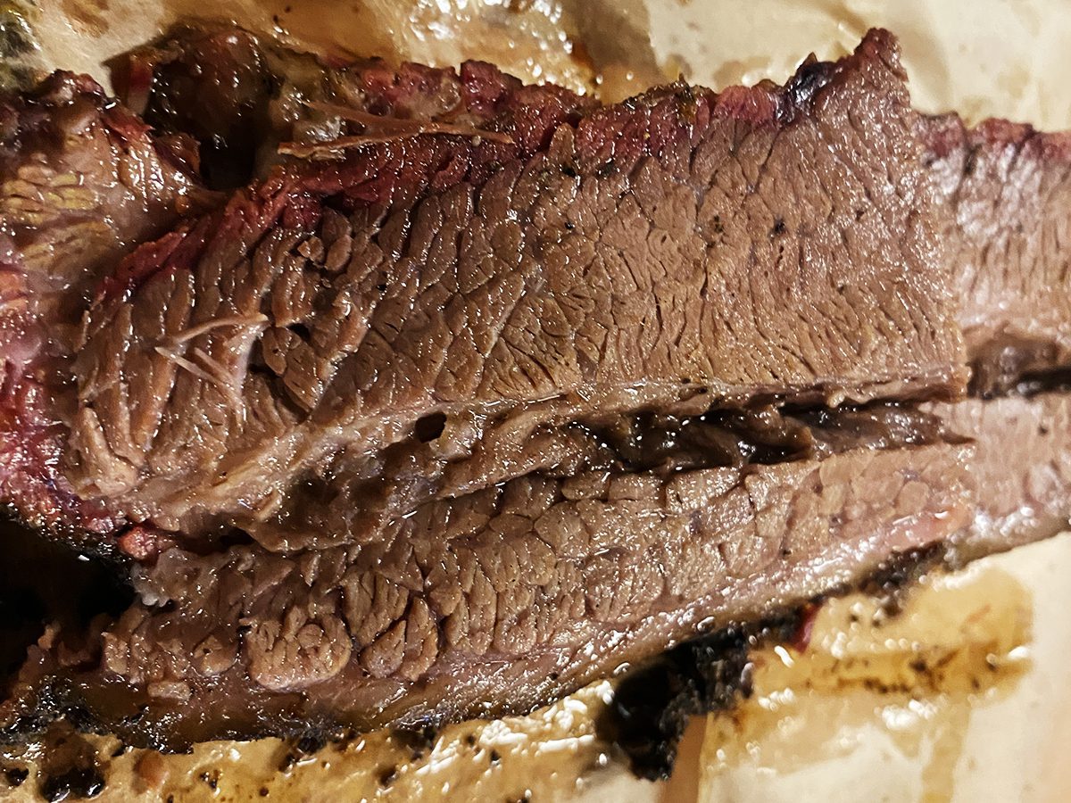 Close-up of JR's Rhodehouse Texas-style BBQ Brisket