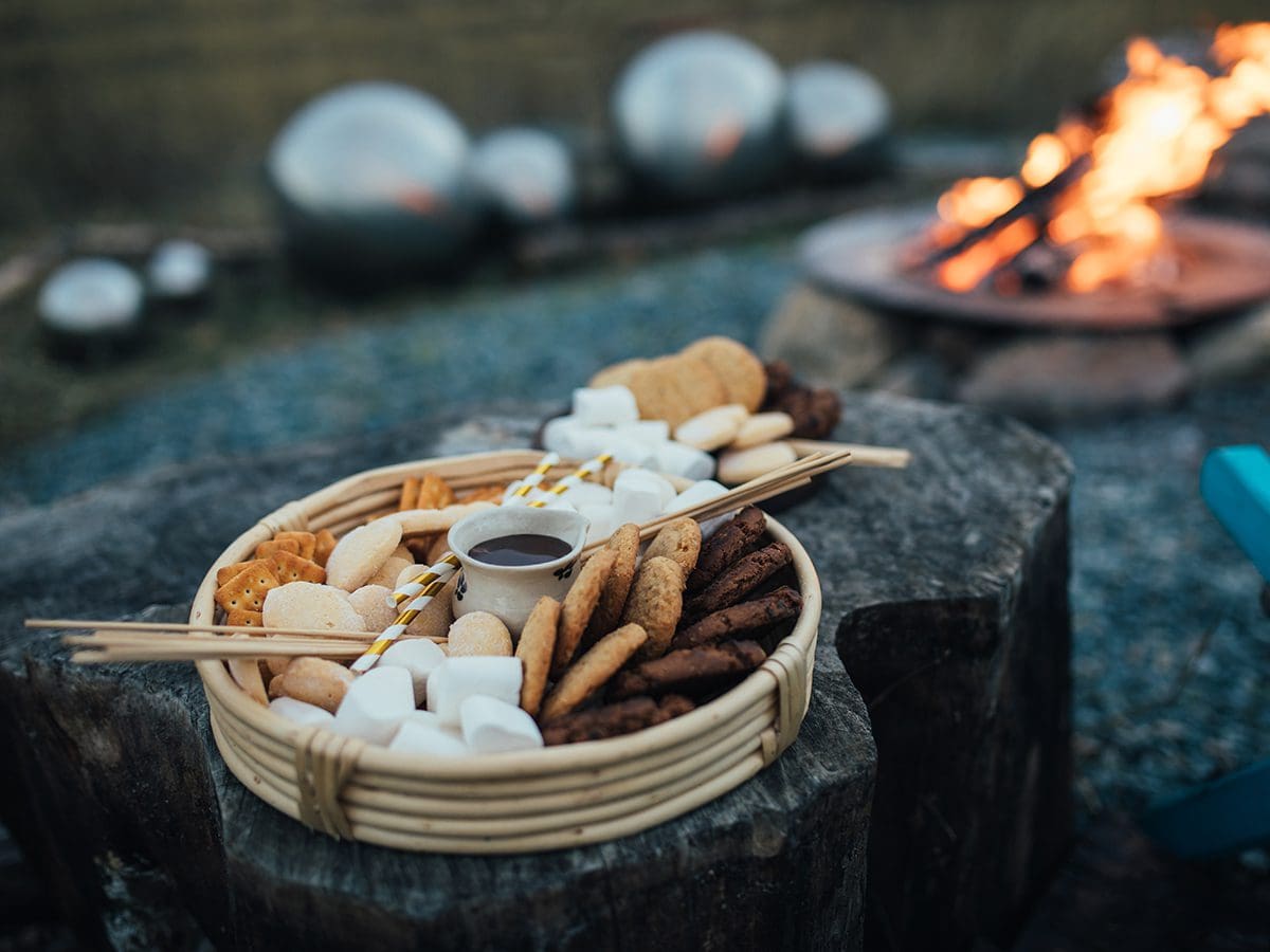 Fixings for s'mores near a back yard fire