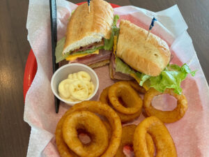 clubhouse of spearfish sandwich and onion rings 300x225