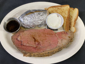Lazy R Bar & Grill Prime rib dinner with baked potato