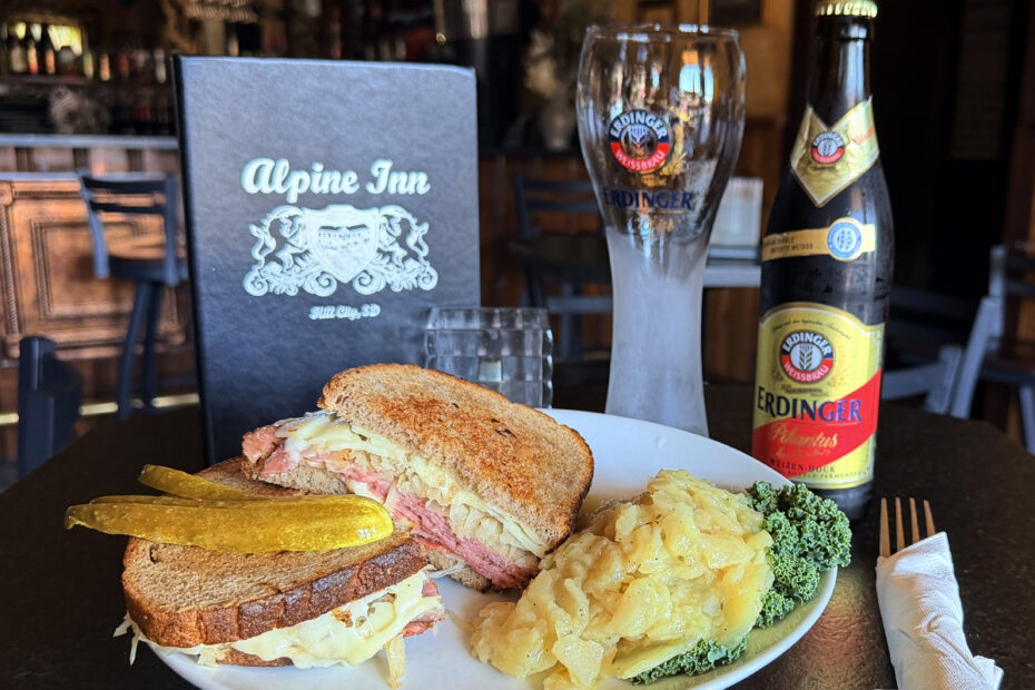Reuben at Alpine Inn Hill City with German Beer