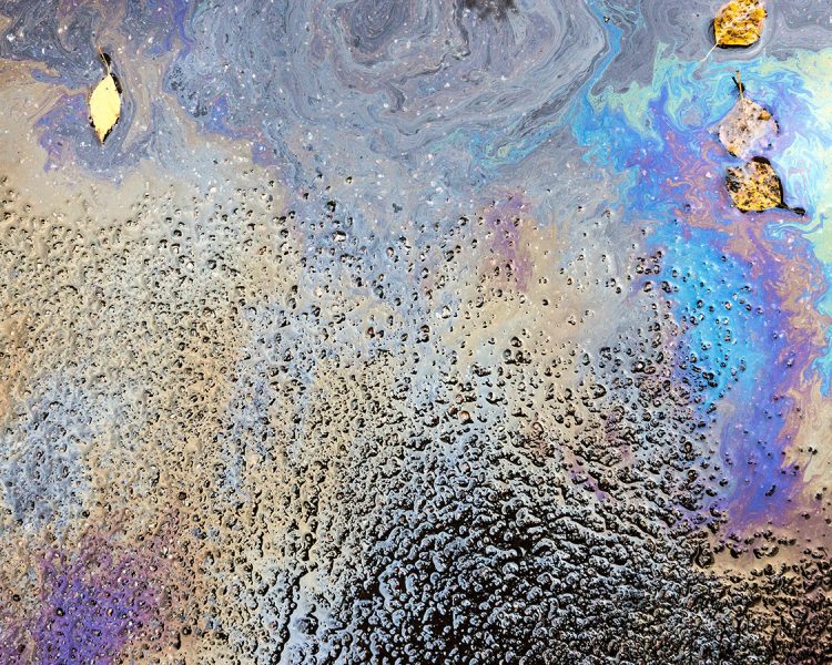 Oil and debris on wet asphalt